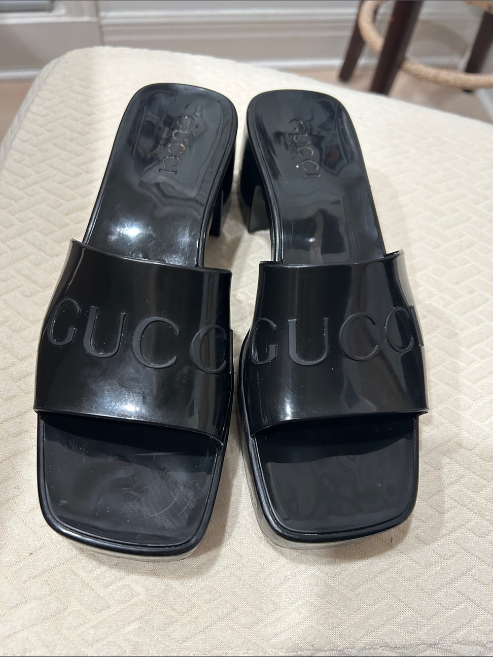 Gucci Black Patent Slide Mules with Embossed Logotype size 7